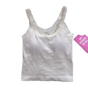 NWT White Lace Trim Ribbed Camisole Padded Bra Tank Top Small